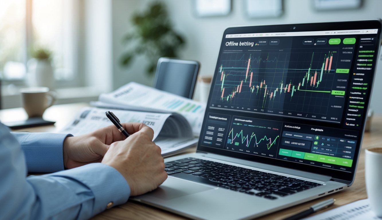 Seorang profesional sedang menganalisis data di laptop dalam ruang kerja modern yang terang dan rapi.