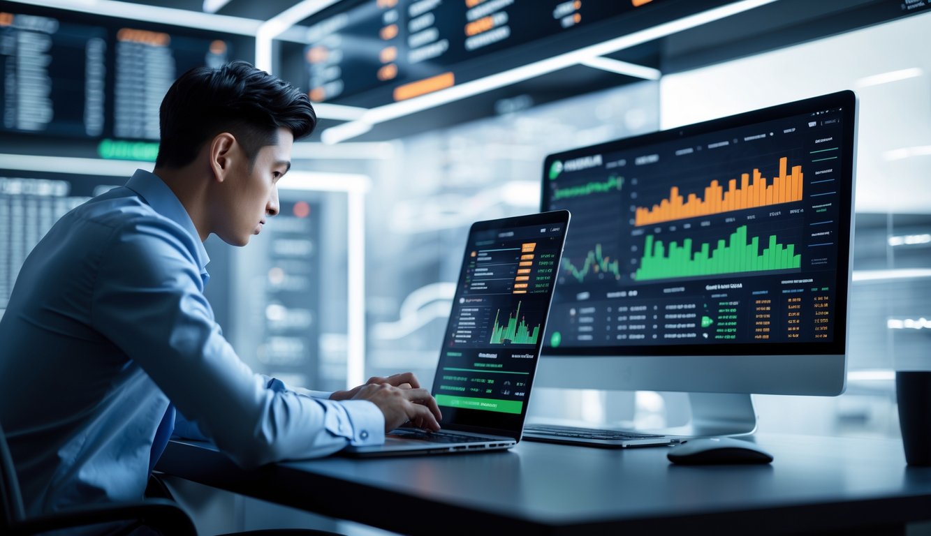 Seseorang sedang menganalisis data pertandingan olahraga di depan komputer dan ponsel dalam suasana kerja modern.