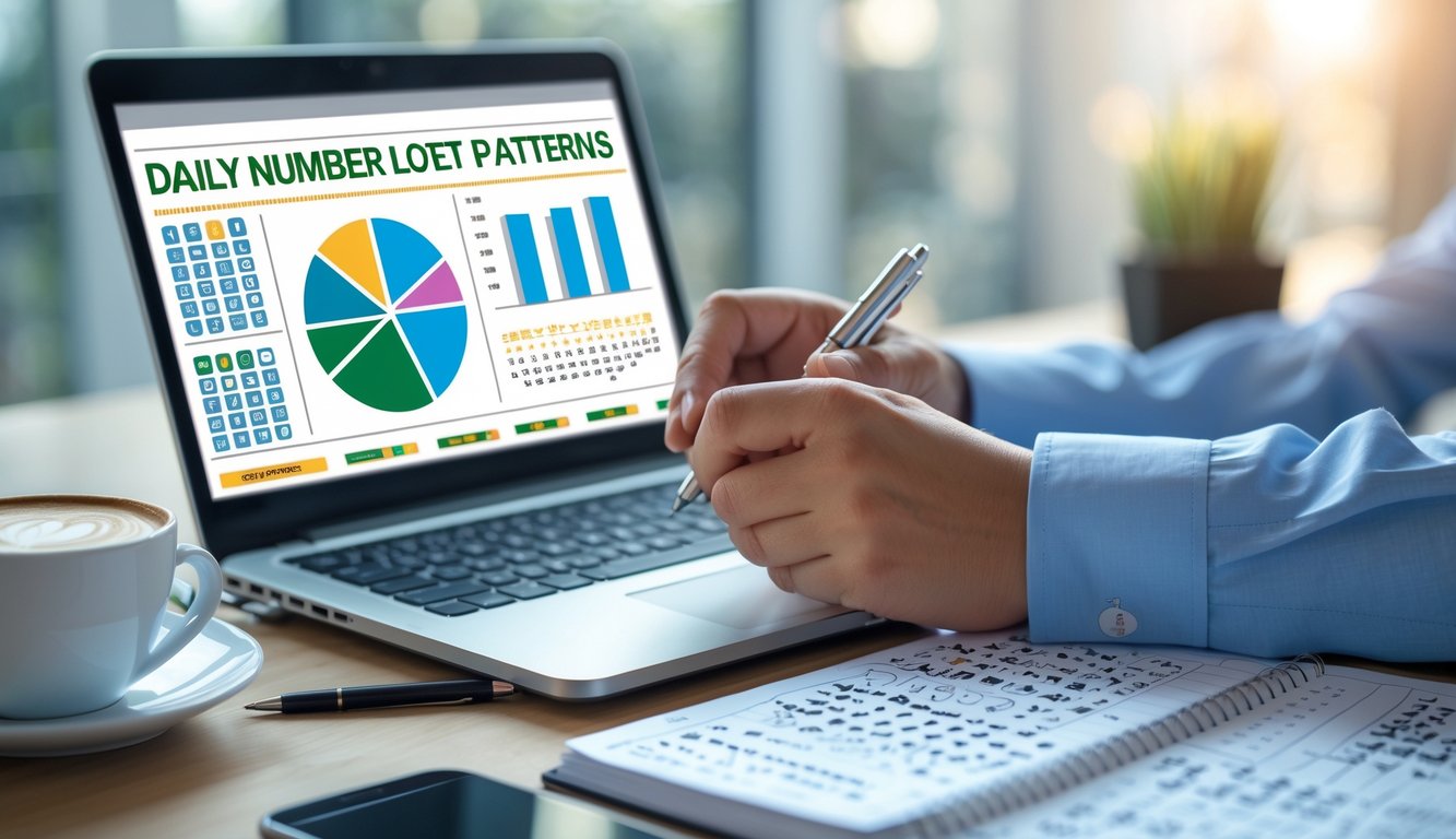 Seseorang sedang menganalisis pola angka harian dengan laptop dan buku catatan di meja kerja.
