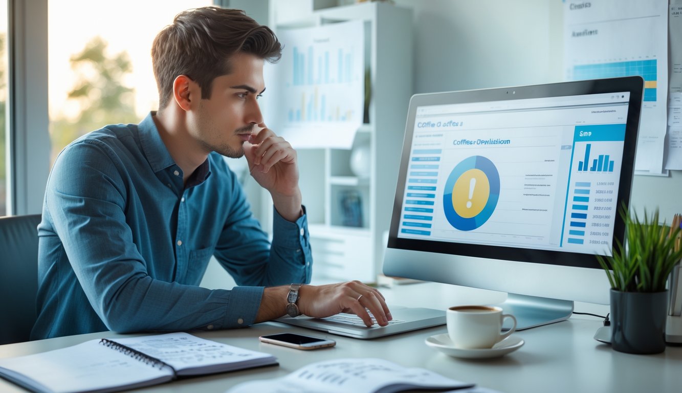 Seseorang yang fokus menganalisis data di depan komputer di ruang kerja rumah yang rapi dan terang.