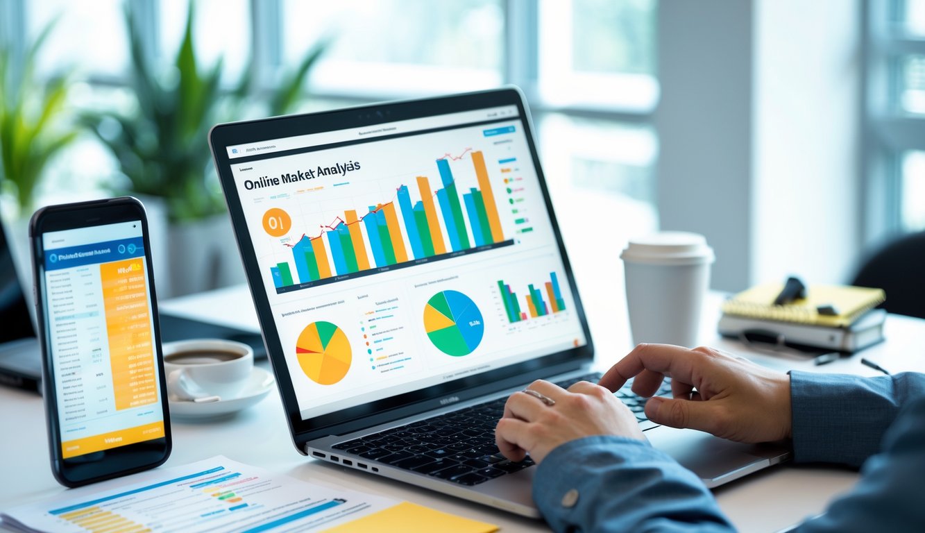 Orang bekerja di depan laptop dengan grafik pasar dan perangkat teknologi di meja di ruang kantor yang terang.