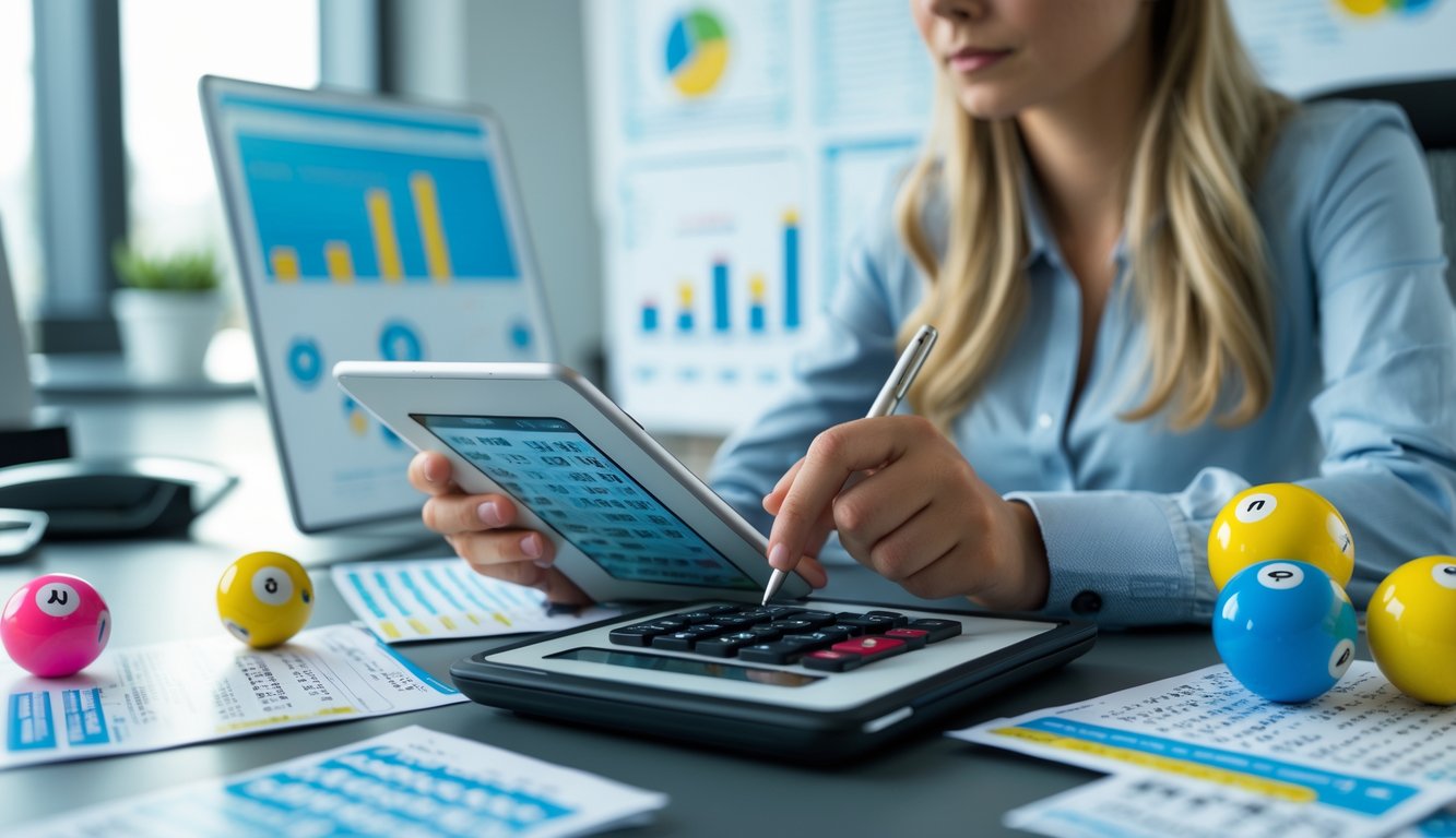 Seseorang sedang menganalisis data angka di tablet dengan bola bernomor dan tiket lotre di meja kerja yang rapi.