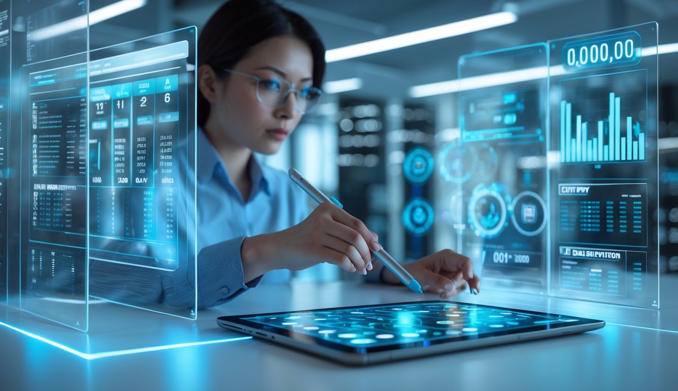 Seorang individu sedang menganalisis data prediksi angka togel menggunakan perangkat digital di ruang kerja modern.