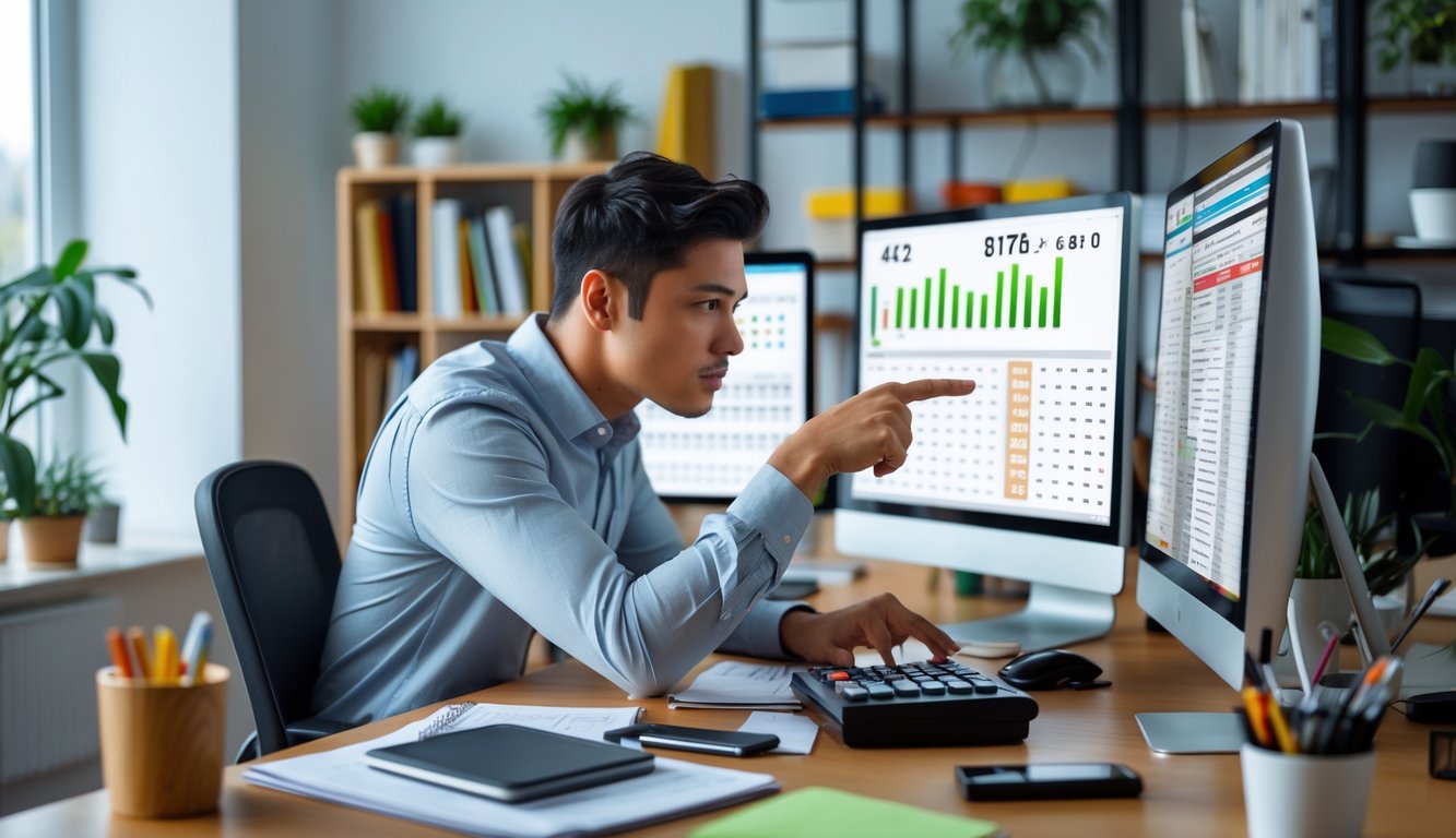 Seorang pria muda duduk di meja kerja dengan beberapa layar komputer, menganalisis data angka dan grafik di ruang kerja yang rapi.