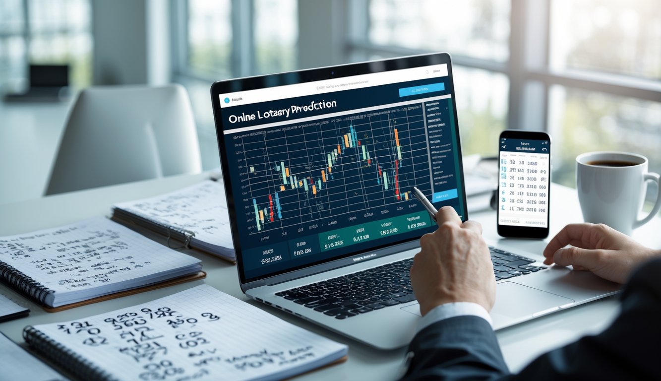 Orang sedang menganalisis pola angka togel secara online di meja kerja dengan laptop, catatan, dan ponsel.