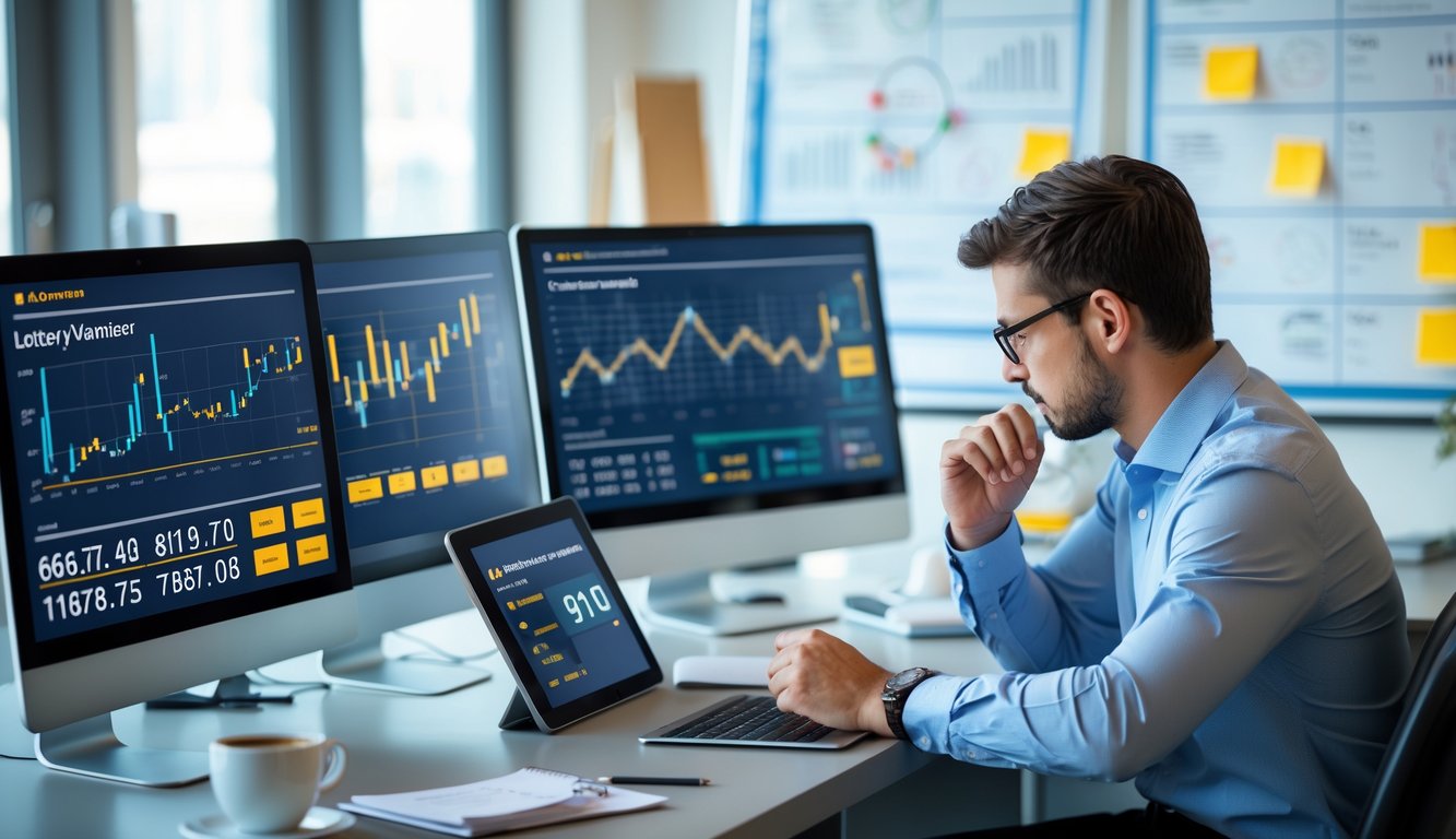 Seorang profesional sedang menganalisis data angka keluaran togel online di depan beberapa layar komputer di ruang kantor yang terang dan rapi.