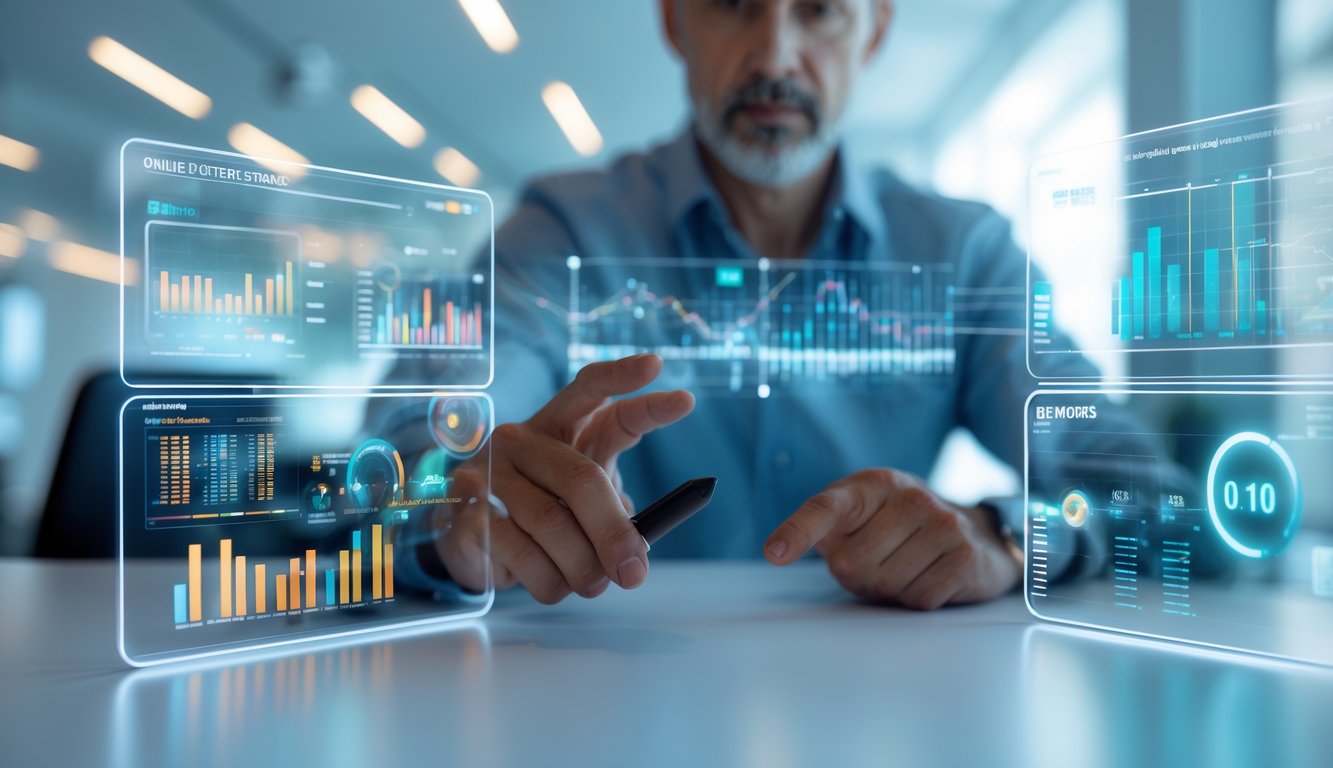 Seseorang sedang menganalisis data pola pasar togel online modern dengan layar digital dan grafik di ruang kerja minimalis.