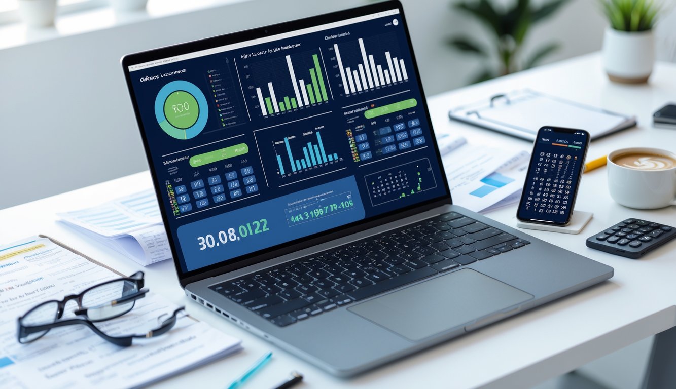 Seorang profesional sedang bekerja di depan laptop dengan grafik dan data angka, di meja terdapat kalkulator, catatan, dan telepon pintar, di ruang kantor yang terang dan rapi.