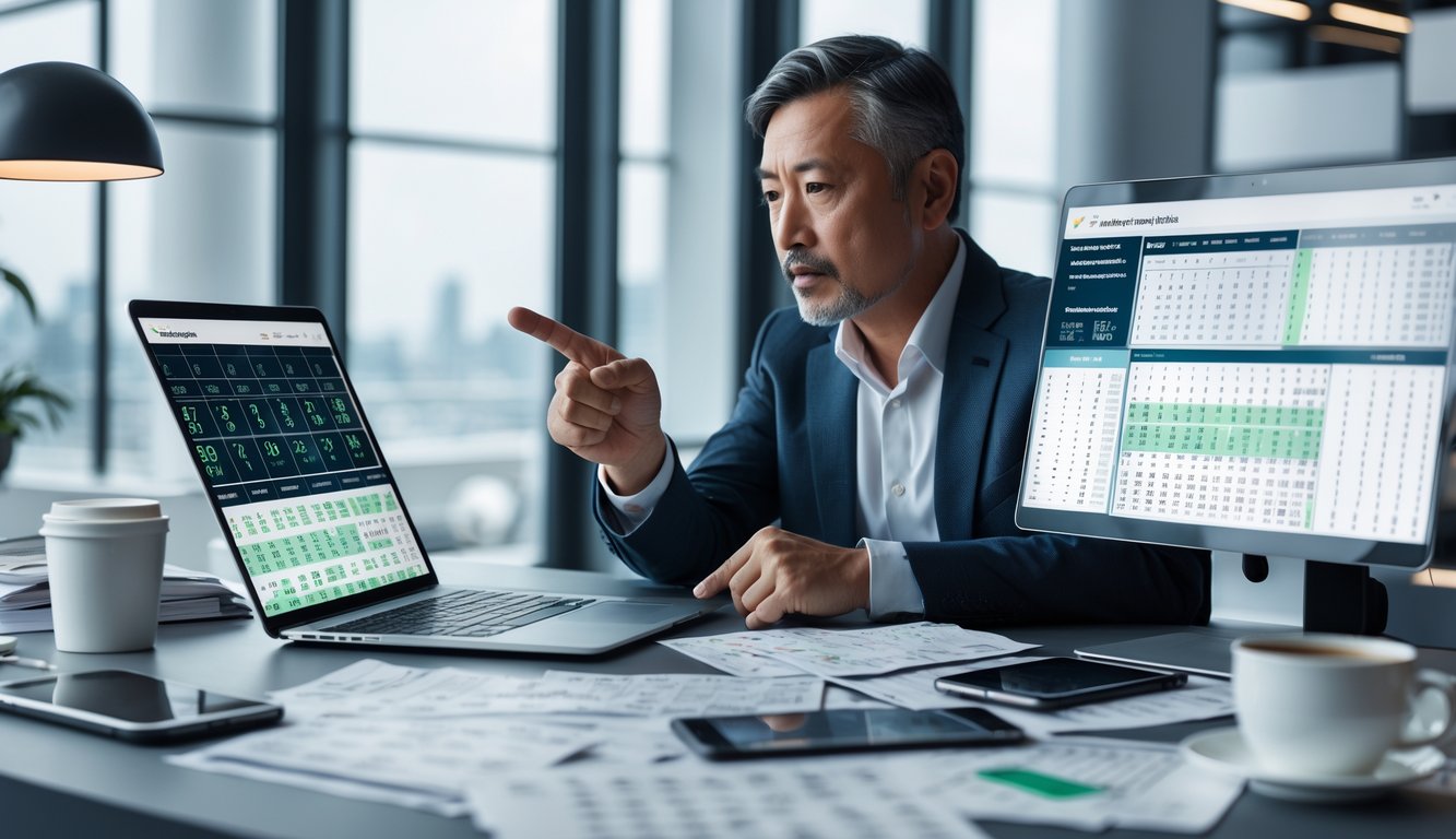 Seorang pria sedang duduk di meja dengan beberapa perangkat digital, menganalisis angka togel online dengan serius di ruang kantor yang terang.