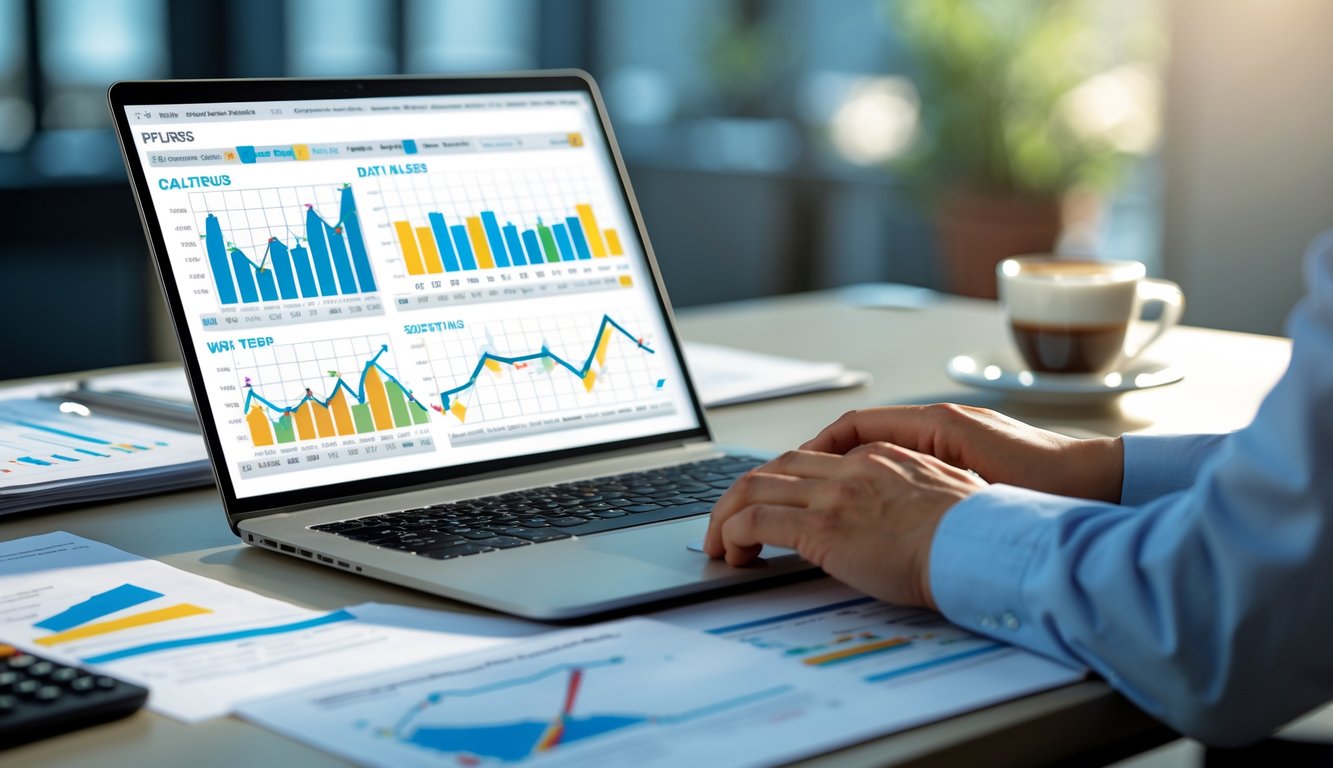 Meja kerja dengan laptop yang menampilkan grafik dan dokumen di sekitarnya, menunjukkan analisis data tren harian dan mingguan.