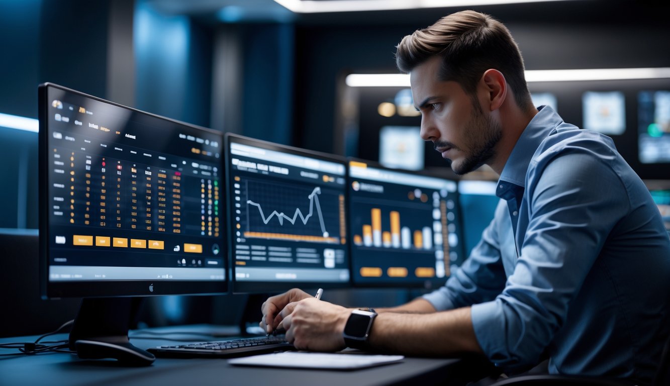 Seorang pria fokus duduk di depan beberapa layar komputer yang menampilkan permainan poker online dan data statistik, sedang menganalisis pola permainan lawan.