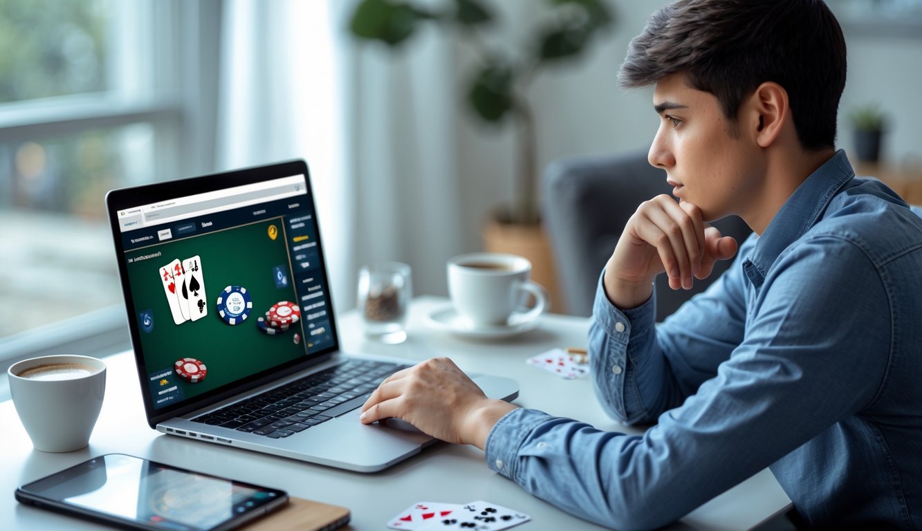 Seorang pemain poker muda duduk di depan laptop dengan kartu dan chip poker di meja, tampak fokus dan sedang menganalisis permainan.