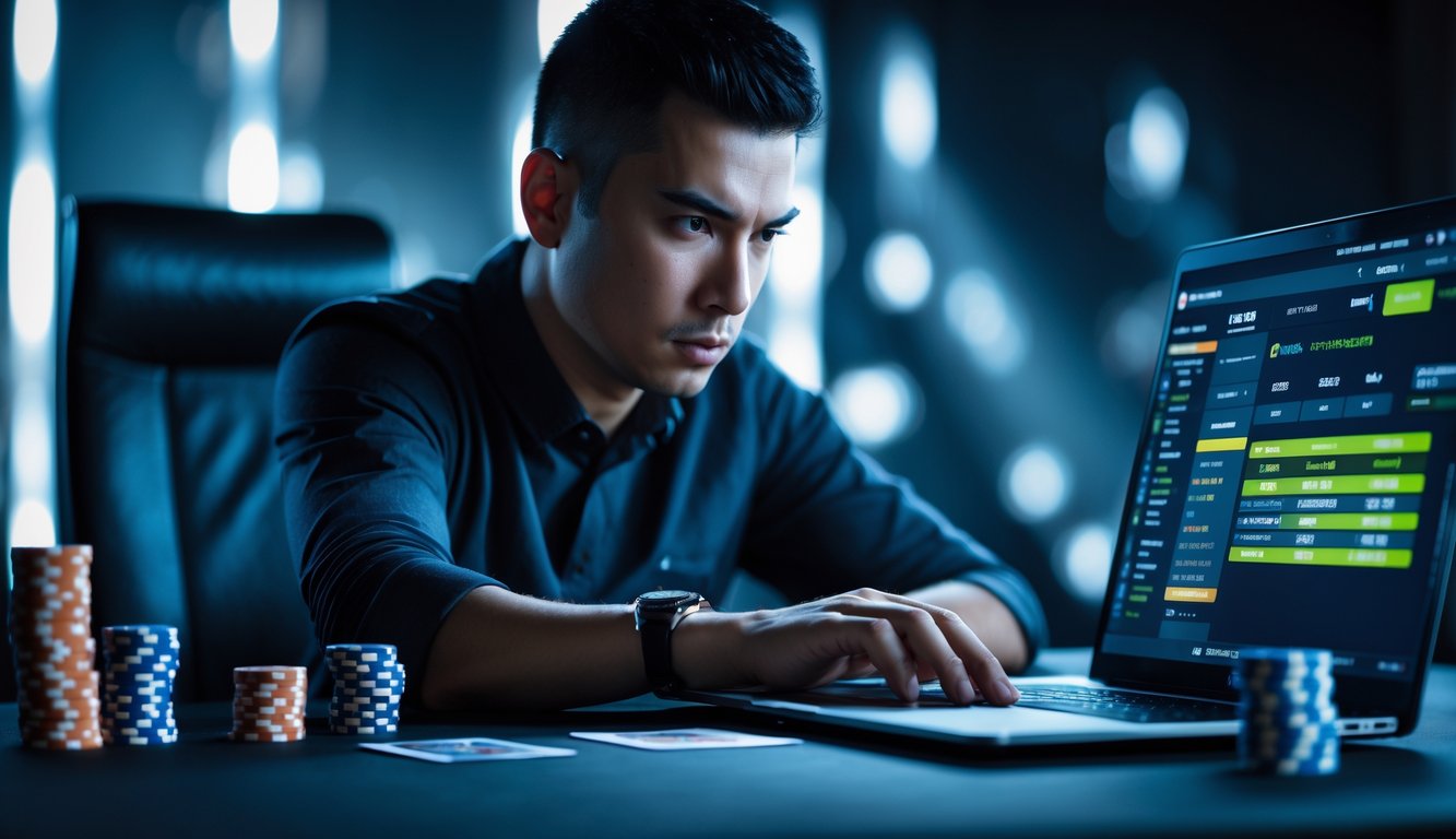 Seorang pria dewasa fokus bermain poker online di depan laptop dengan tumpukan chip dan kartu di meja.