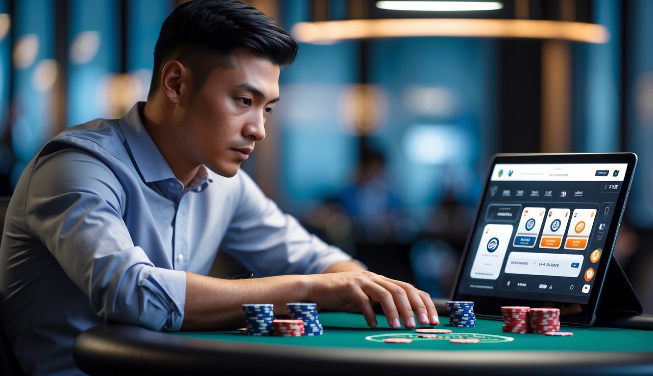 Seorang pemain poker duduk di meja judi online dengan ekspresi fokus sambil melihat kartu dan layar perangkat digital.
