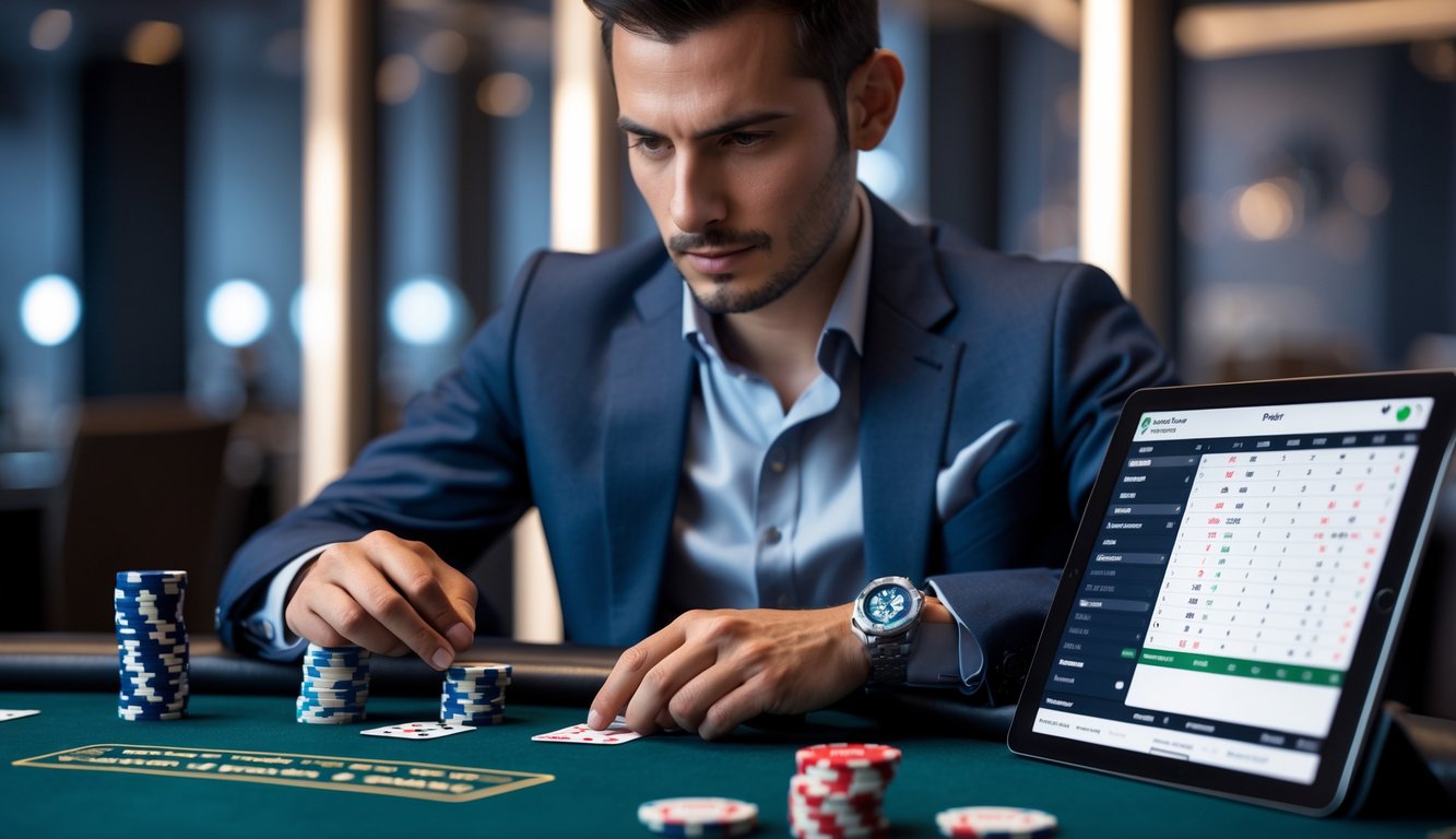 Seorang pemain poker serius duduk di meja poker dengan chip dan kartu, sambil melihat tablet digital yang menampilkan statistik permainan.