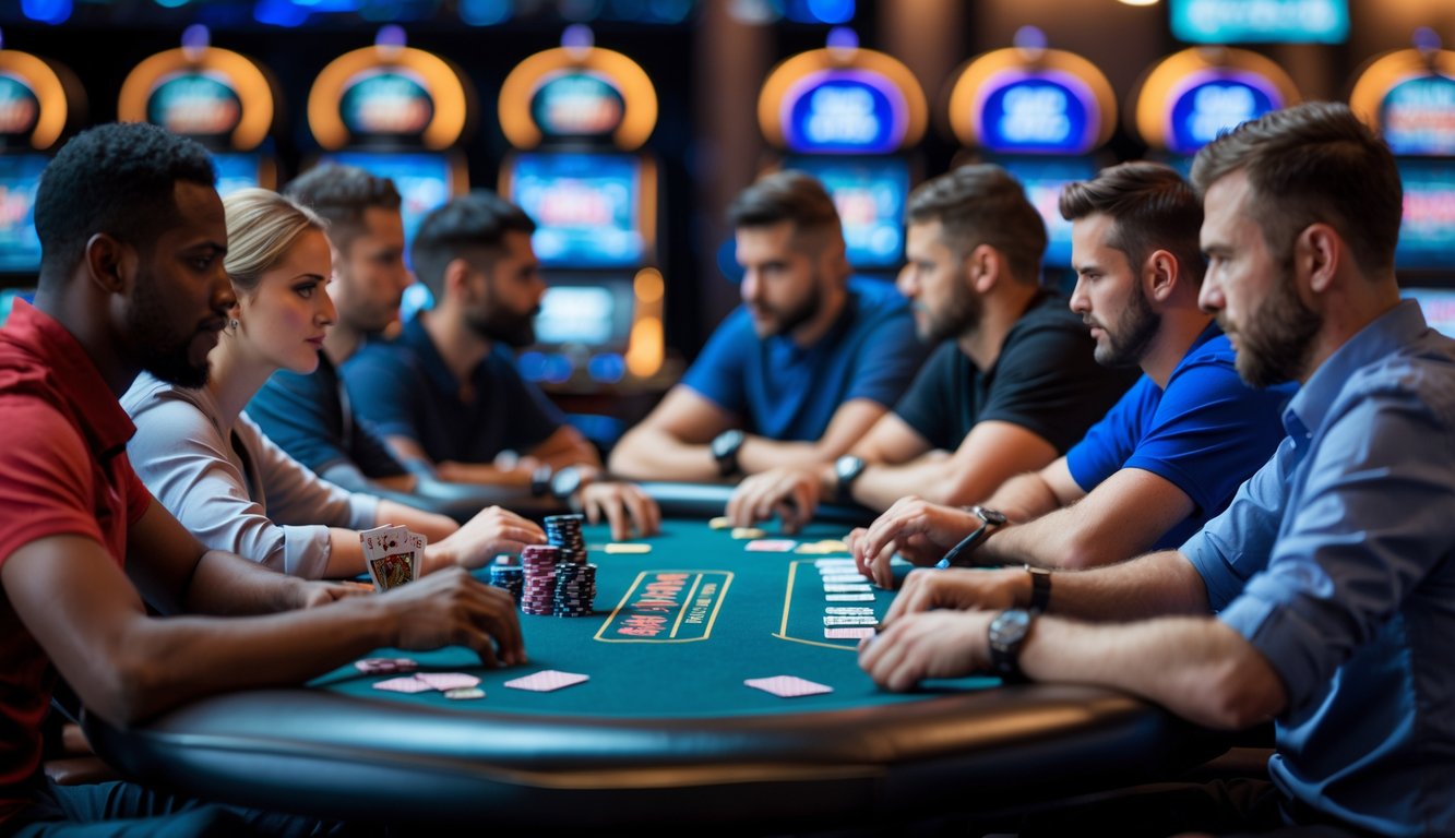 Sekelompok pemain poker yang serius duduk mengelilingi meja poker dengan chip dan kartu di sebuah kasino modern.