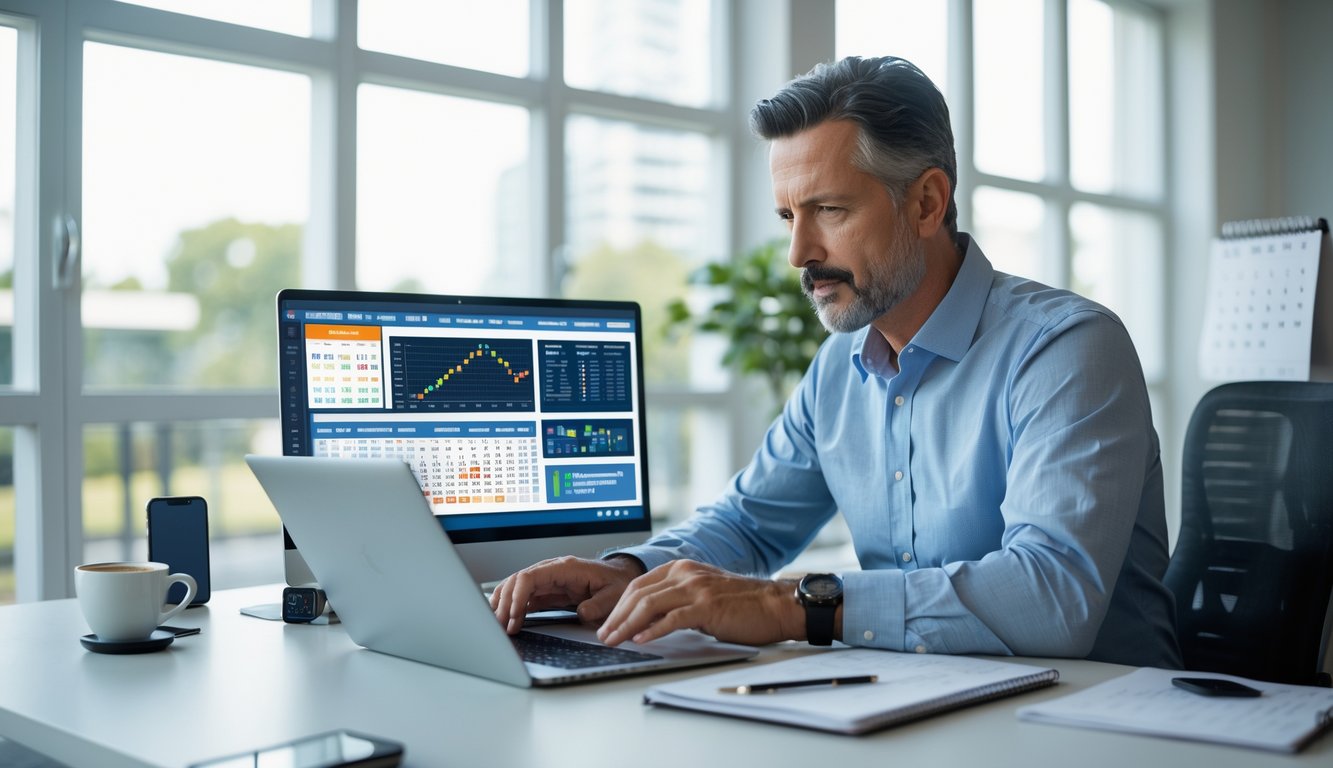 Seorang pria dewasa duduk di meja modern dengan laptop dan perangkat digital yang menampilkan grafik dan data, sedang fokus menganalisis informasi di ruang kantor yang terang dan rapi.