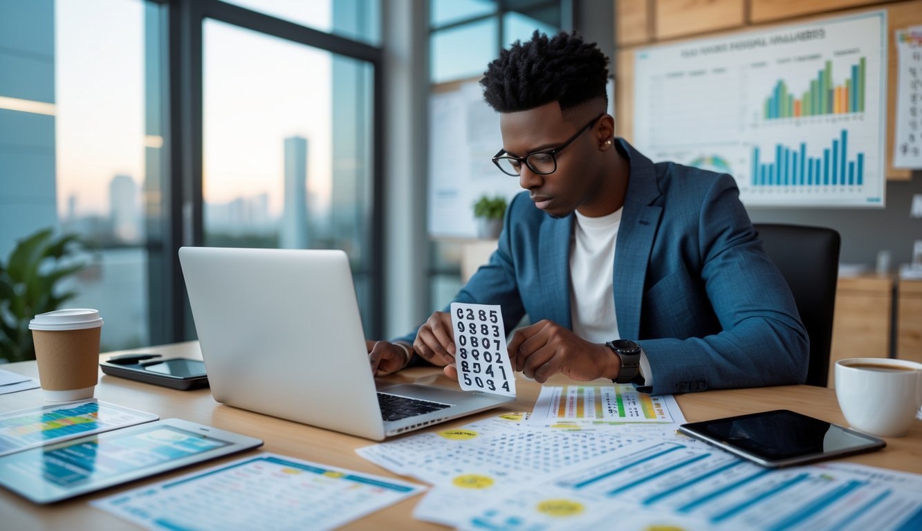 Seseorang sedang menganalisis angka togel online dengan laptop dan catatan di meja kerja yang rapi.