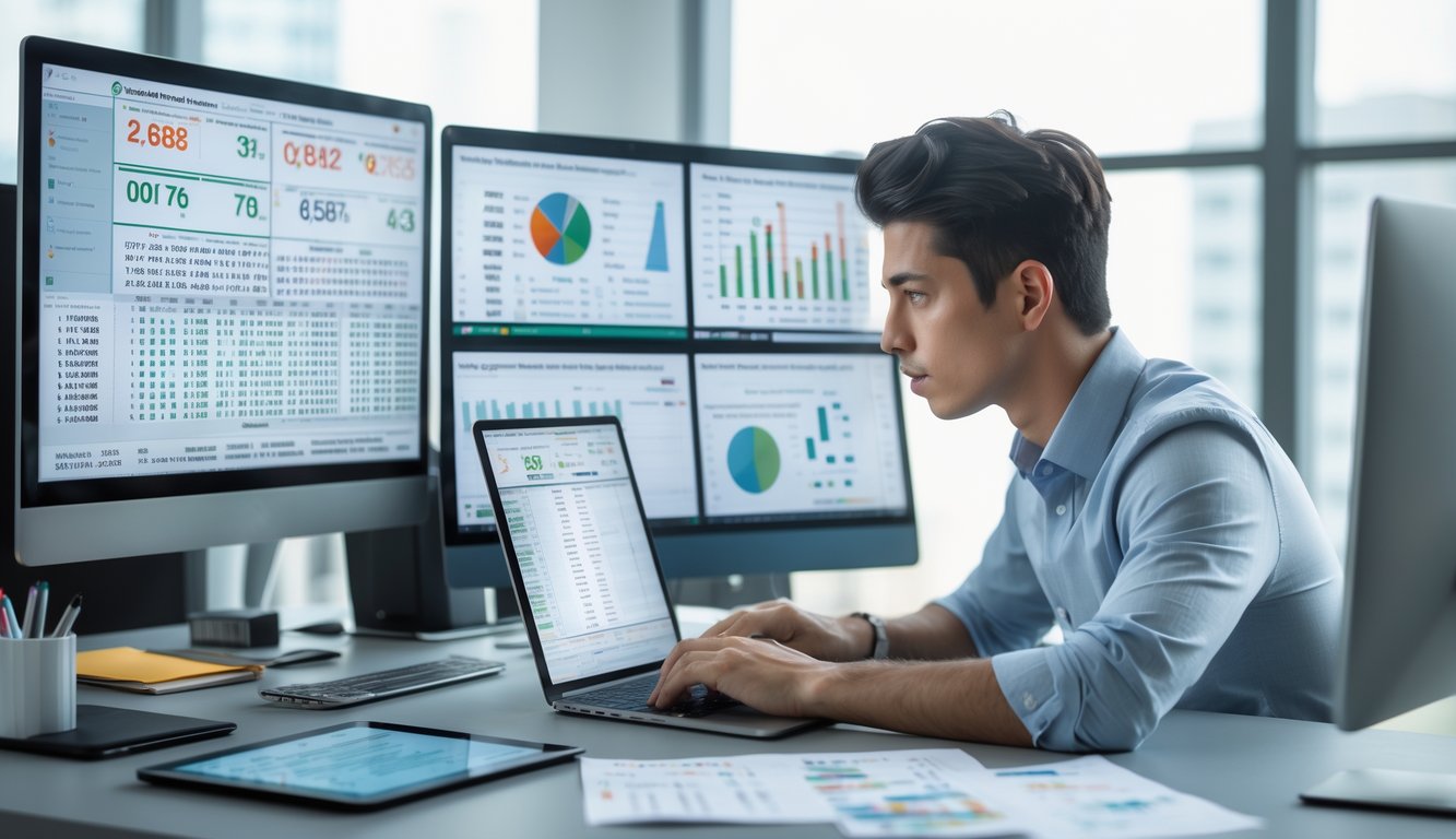 Seorang pria muda sedang menganalisis data dan grafik di depan beberapa layar komputer di sebuah kantor modern.