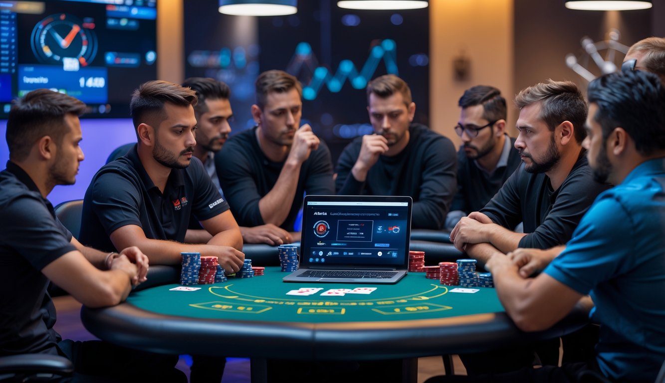 Sekelompok pemain poker serius duduk mengelilingi meja poker dengan kartu dan chip, satu pemain memperhatikan gerak lawan dengan fokus.