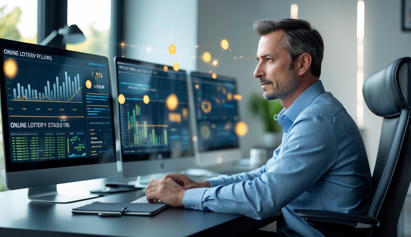 Seorang pria dewasa duduk di meja dengan beberapa monitor yang menampilkan grafik dan data statistik, fokus menganalisis fitur statistik dalam permainan togel online.