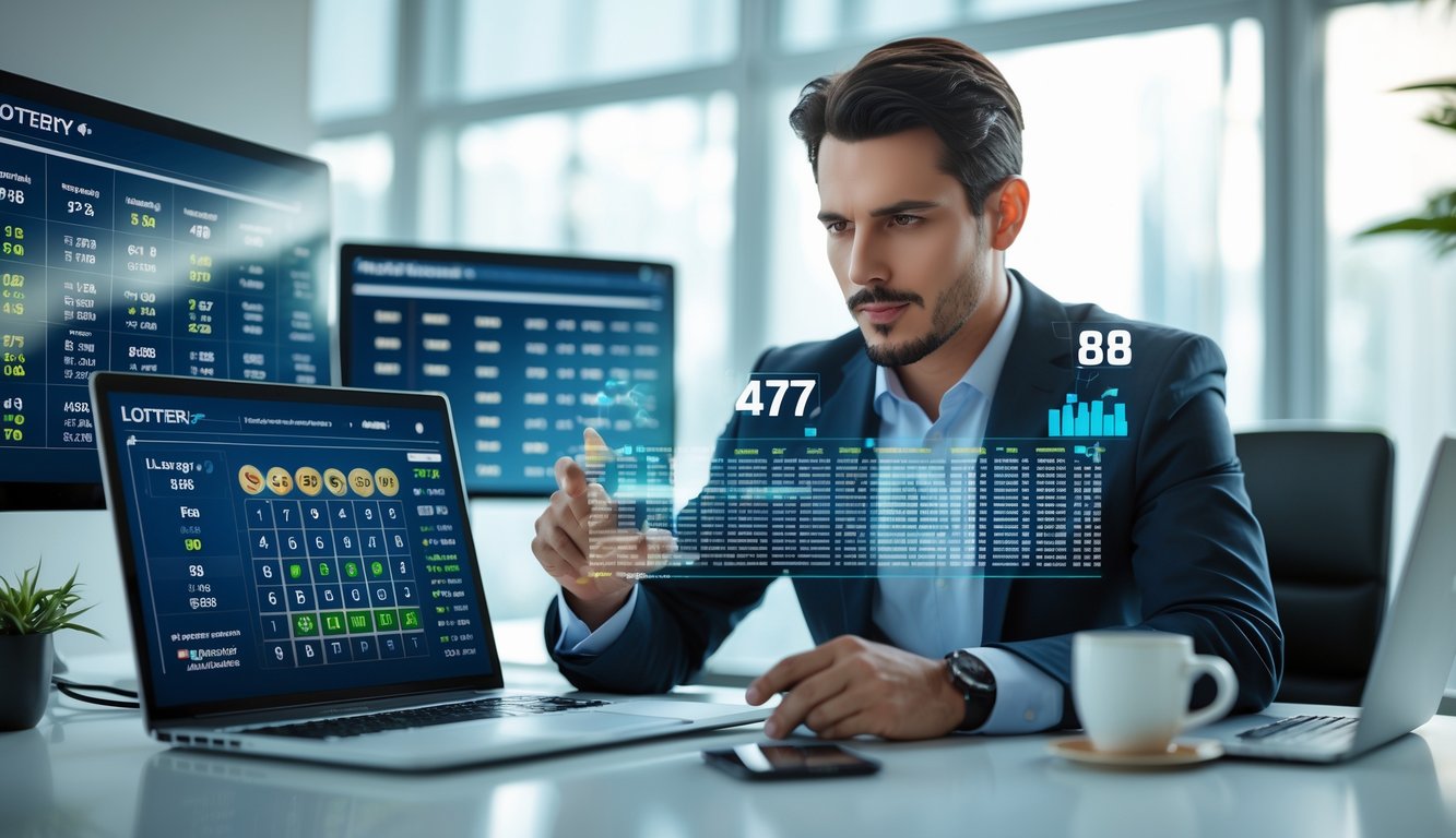 Seorang pria berpakaian rapi sedang menganalisis layar digital dengan kombinasi angka dan grafik statistik dalam suasana kantor modern.