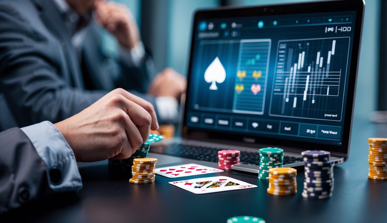 Seorang pemain poker online sedang memegang kartu di depan layar komputer dengan tumpukan chip poker di meja.