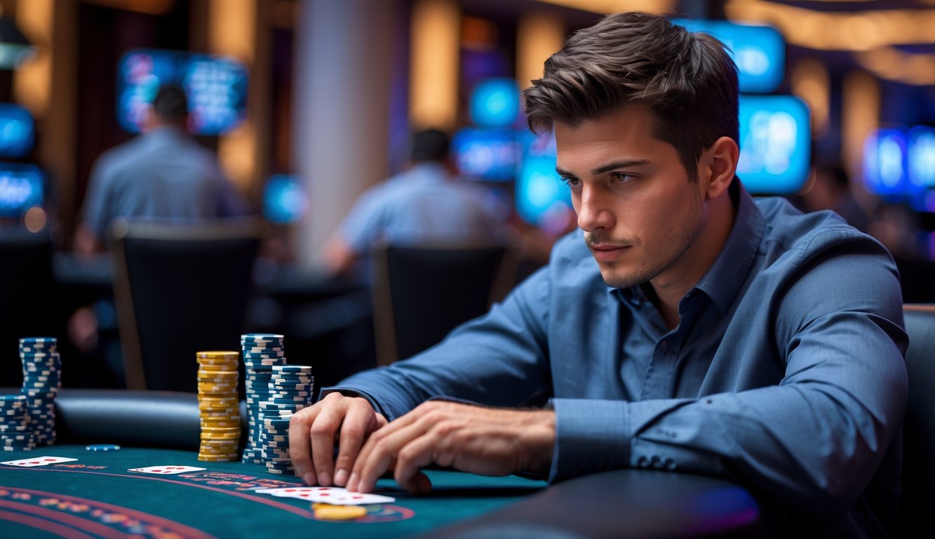 Seorang pria muda duduk di meja poker dengan ekspresi fokus sambil memegang kartu poker di kasino modern.