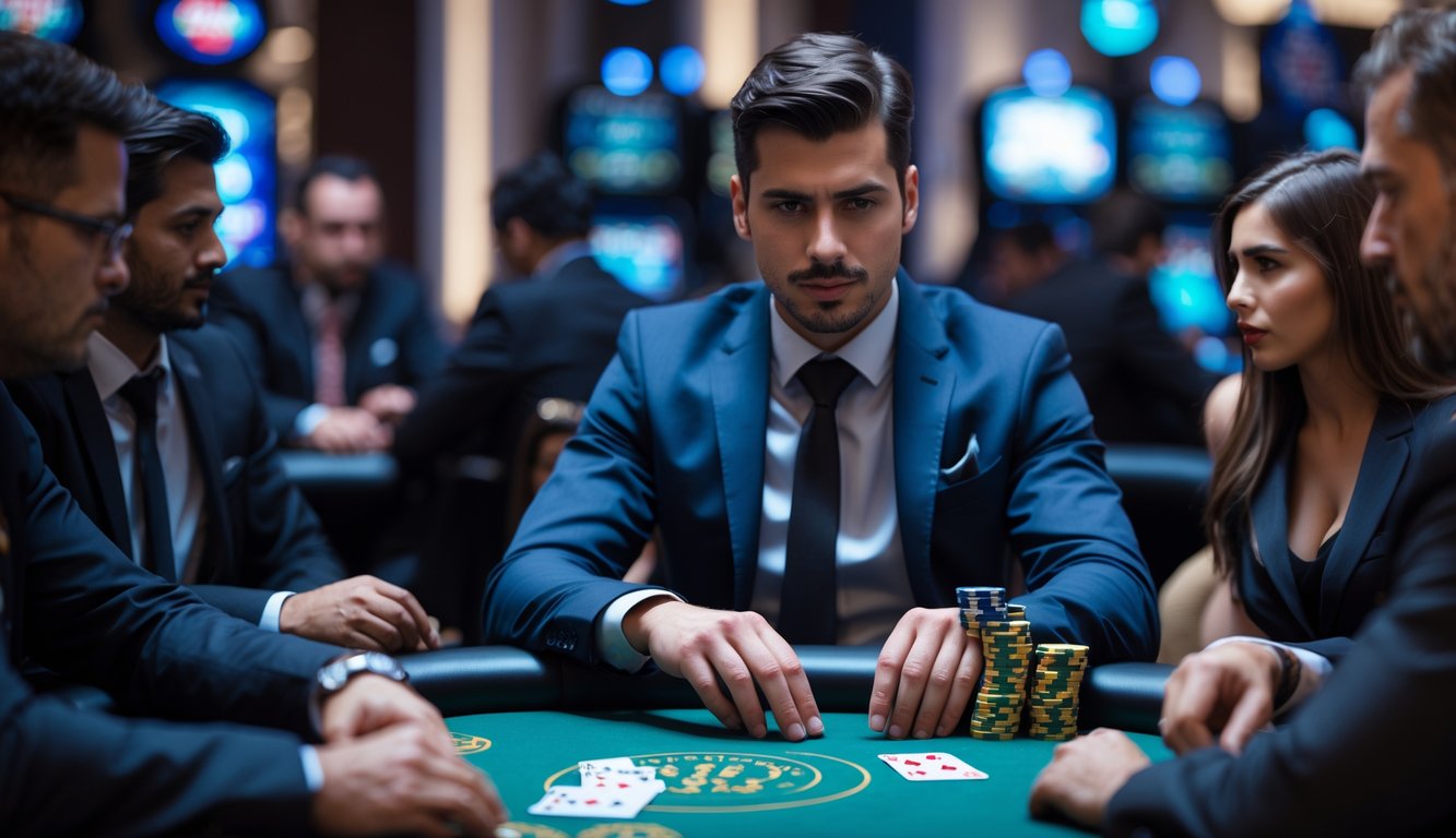 Seorang pemain poker profesional duduk di meja poker dengan ekspresi fokus dan tenang, dikelilingi oleh beberapa lawan dengan berbagai ekspresi dan gaya bermain di sebuah kasino.