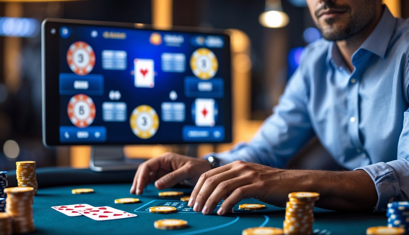 Seorang pemain poker sedang fokus menganalisis situasi di meja poker online dengan kartu dan chip digital di layar.