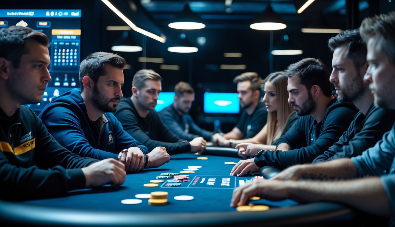 Beberapa pemain poker serius duduk di meja poker modern dengan layar digital, menunjukkan suasana tegang dan fokus dalam permainan poker online.