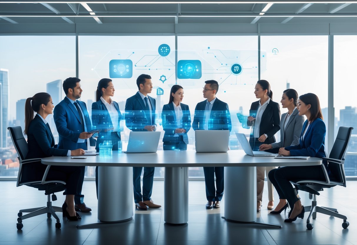 Des professionnels discutant autour d'une table de conférence avec des interfaces numériques représentant l'intelligence artificielle dans un bureau moderne.