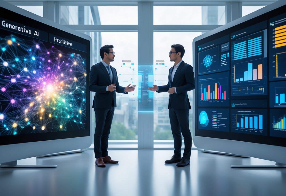 Deux professionnels discutant dans un bureau moderne avec des écrans numériques montrant des graphiques et des données liés à l'intelligence artificielle dans les marchés publics.