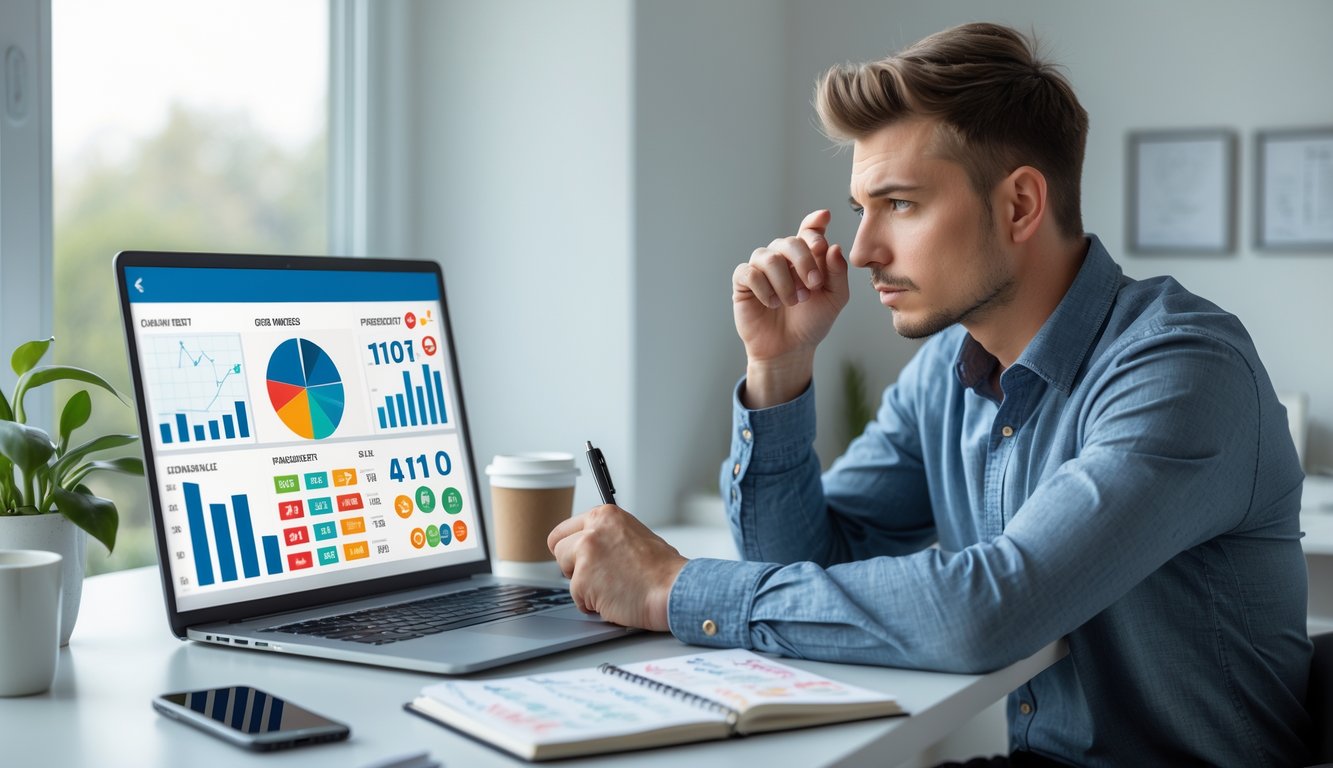 Seorang pria muda duduk di meja dengan laptop dan catatan, fokus menganalisis data untuk membuat prediksi.