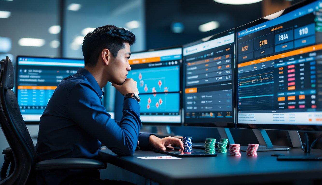 Seseorang sedang duduk di depan komputer dengan layar menampilkan statistik dan analisis permainan poker, dikelilingi chip dan kartu poker di atas meja.