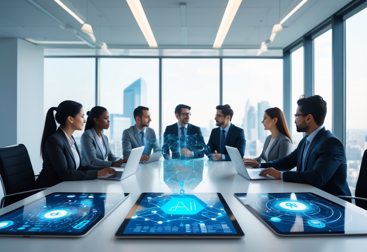 Un groupe de professionnels en réunion autour d’une table de conférence avec des appareils numériques affichant des graphiques liés à l’intelligence artificielle, dans un bureau moderne avec une vue sur la ville.