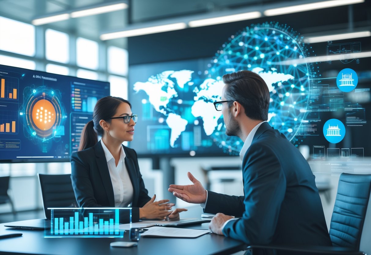 Deux professionnels discutant devant des graphiques numériques et des interfaces holographiques dans un bureau moderne.