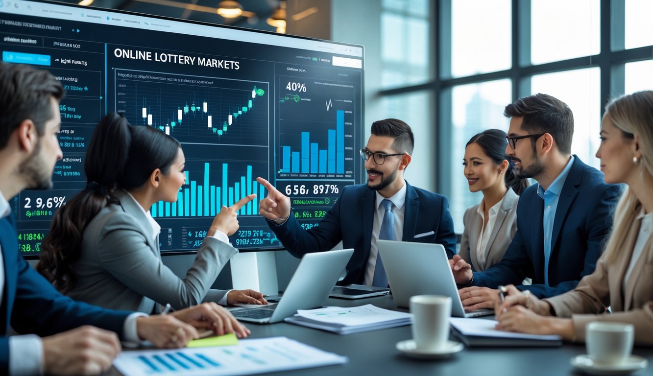 Sekelompok profesional sedang menganalisis grafik dan data di layar besar di dalam kantor modern.