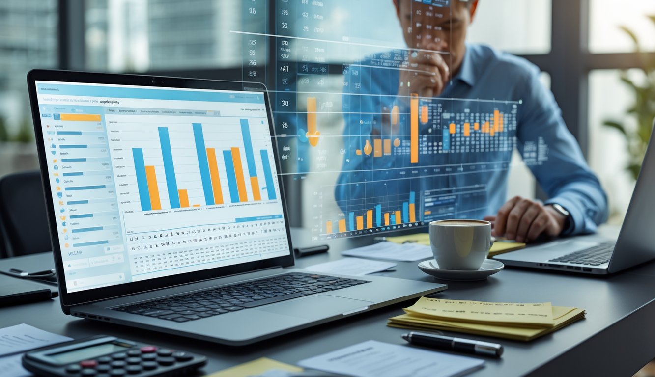 Seseorang sedang menganalisis data angka di depan laptop dengan grafik dan catatan di meja kerja yang rapi.