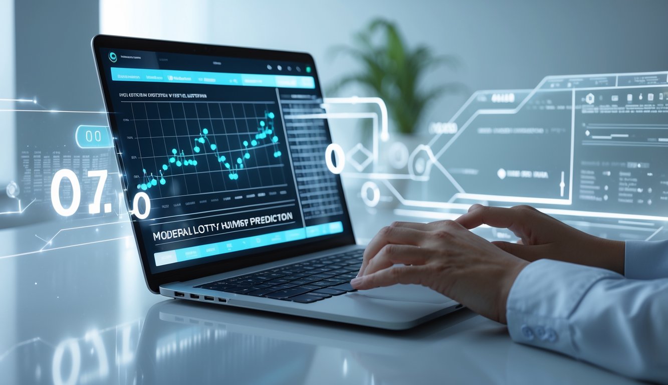 Seseorang menggunakan laptop dengan tampilan grafik dan angka yang menunjukkan prediksi togel online di meja kerja modern.