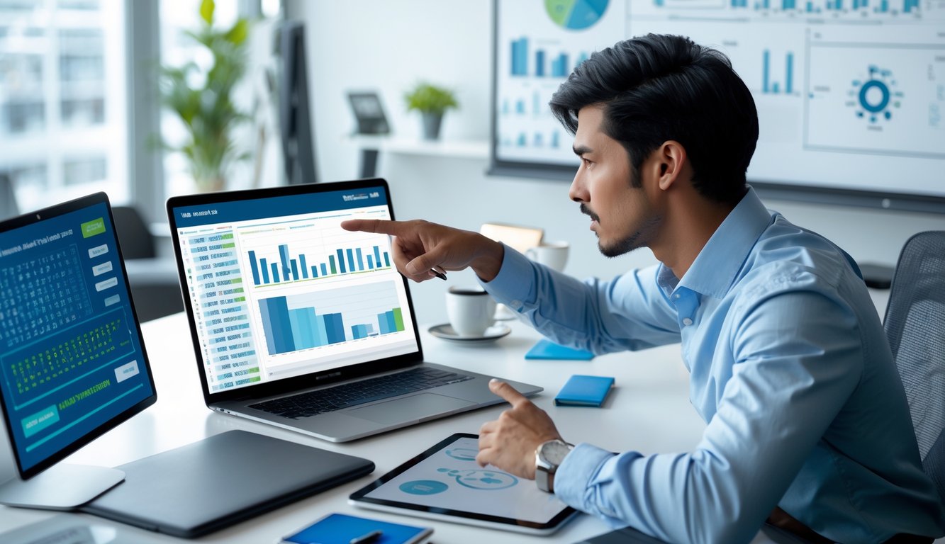 Seorang profesional sedang menganalisis data angka togel online di meja kerja dengan laptop dan tablet yang menampilkan grafik dan angka.