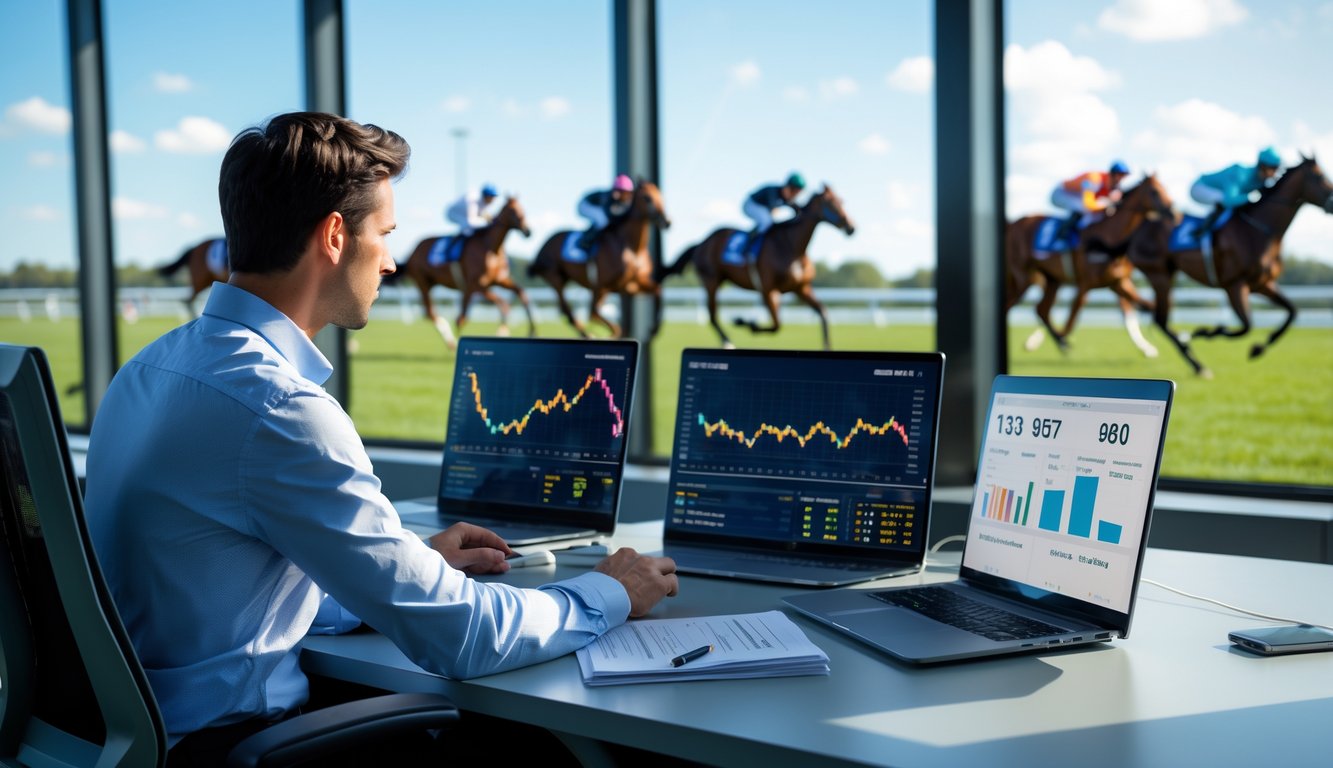 Seorang analis sedang mempelajari data performa kuda balap di depan layar komputer dengan latar belakang balapan kuda yang sedang berlangsung.