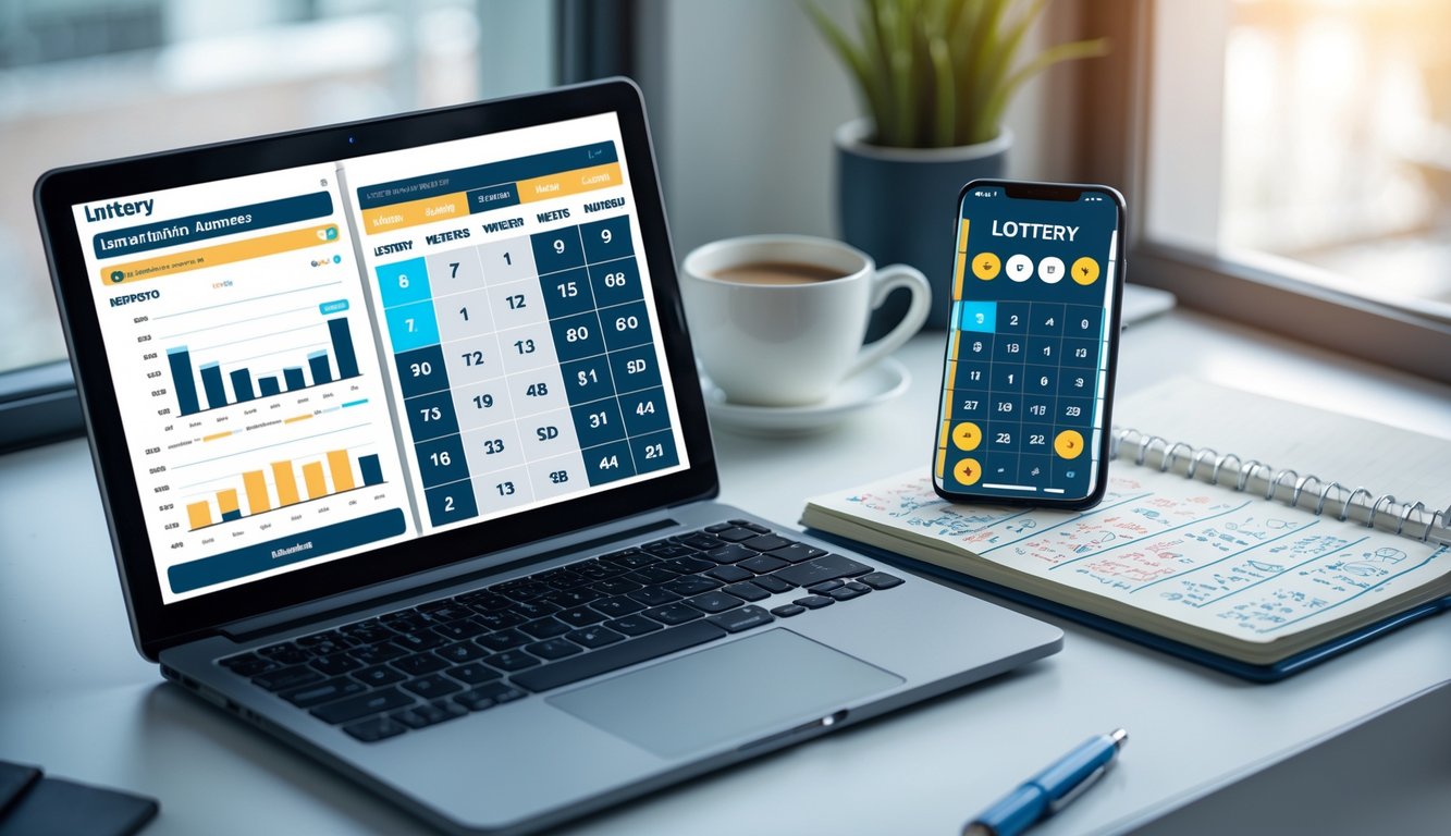 Meja kerja dengan laptop, smartphone, buku catatan, dan secangkir kopi yang menunjukkan analisis angka togel berdasarkan pola mingguan.