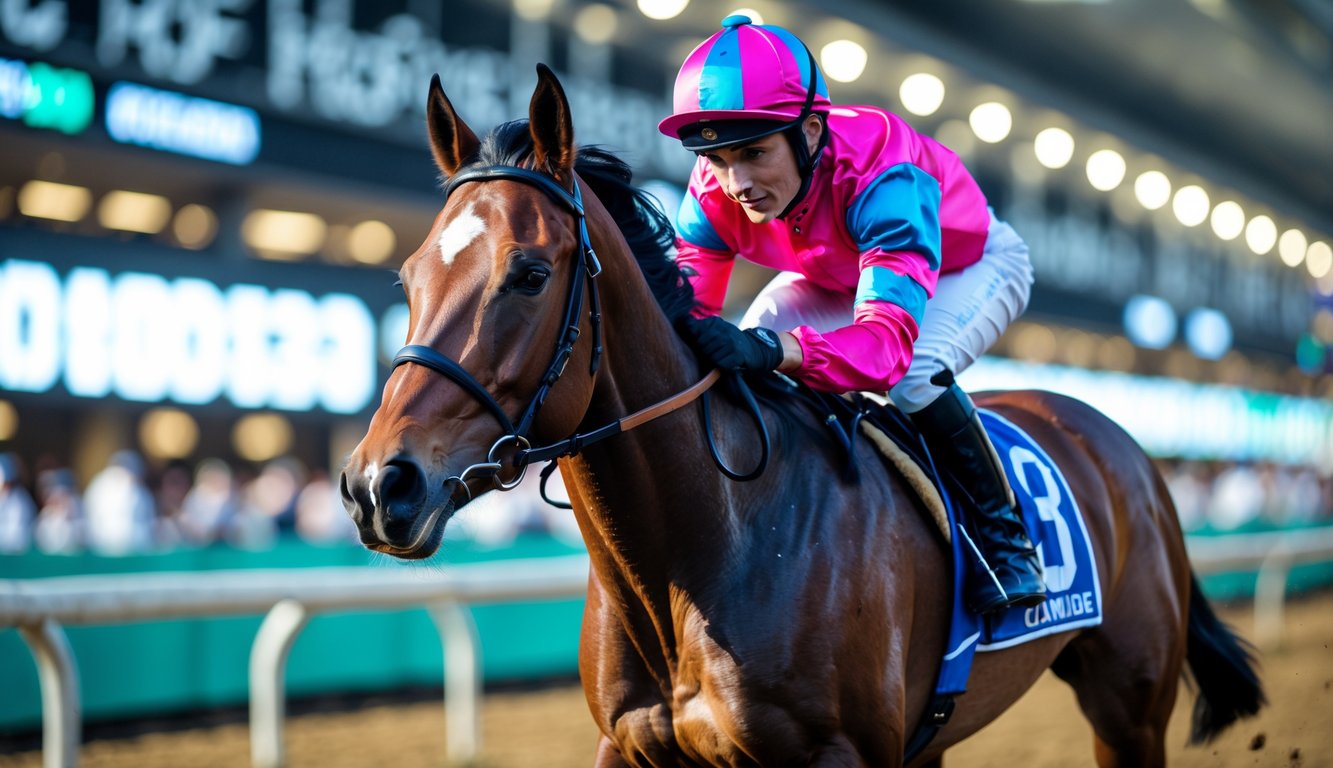 Seorang joki mengenakan pakaian balap berwarna cerah sedang menunggang kuda pacu yang kuat di arena balap modern dengan penonton dan papan taruhan digital di latar belakang.