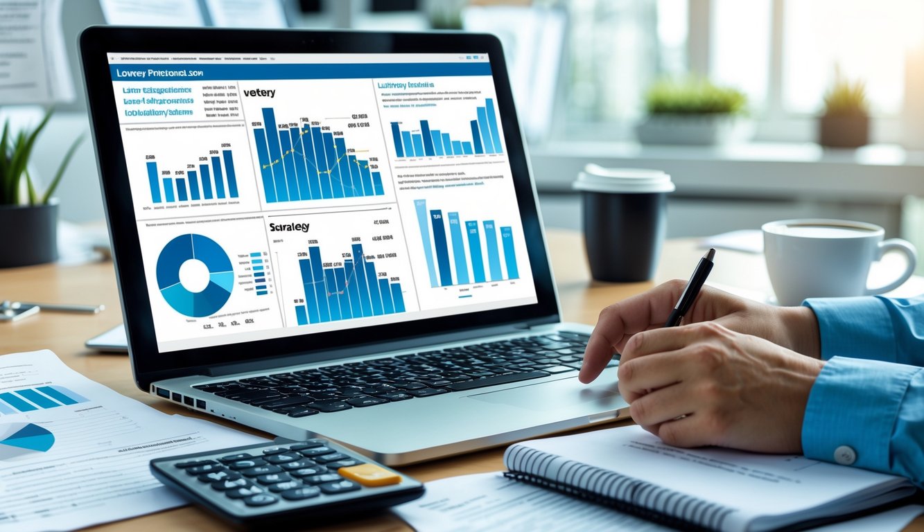 Meja kerja dengan laptop yang menampilkan grafik dan statistik, dokumen rapi, kalkulator, dan tangan seseorang yang sedang mencatat di notepad.