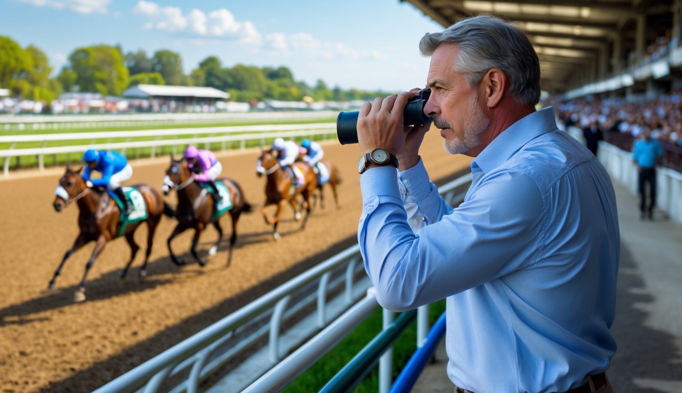 Seorang pria sedang mengamati kuda pacuan di lintasan balap dengan ekspresi fokus.