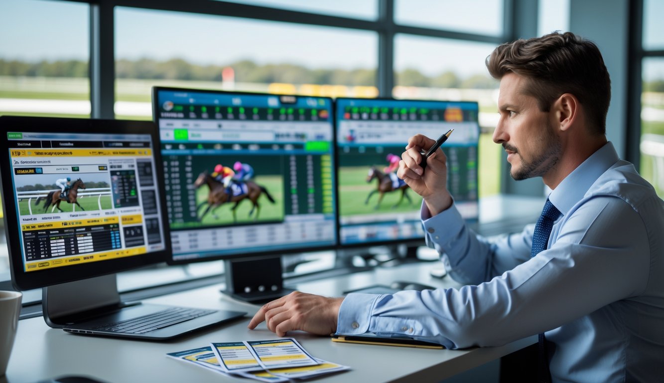 Seorang pria sedang menganalisis data balap kuda di depan layar komputer dengan latar belakang lintasan kuda yang sedang berlomba.