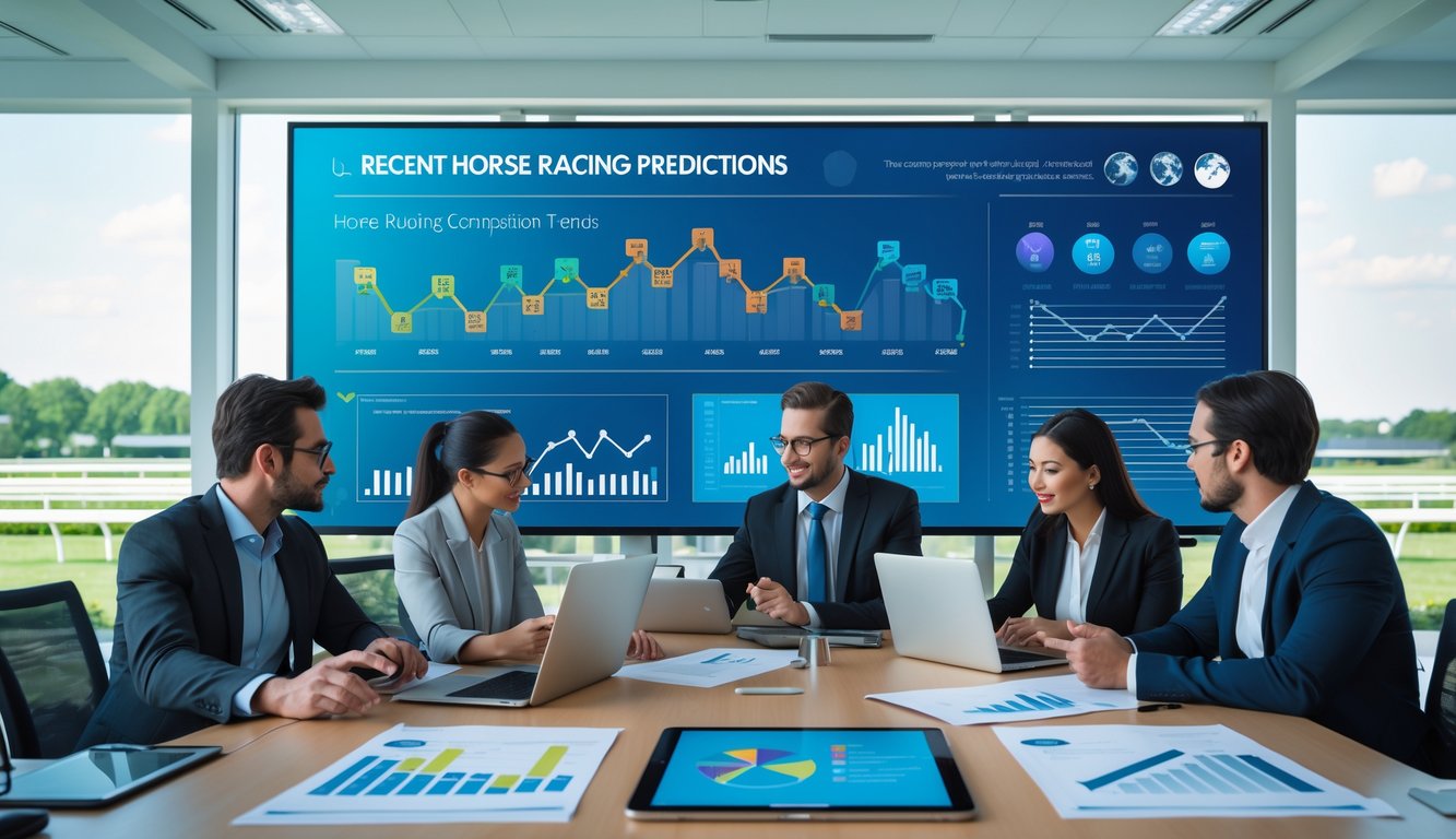 Sekelompok profesional sedang berdiskusi di ruang kantor dengan layar besar menampilkan grafik tren balap kuda dan perlengkapan kerja di meja.