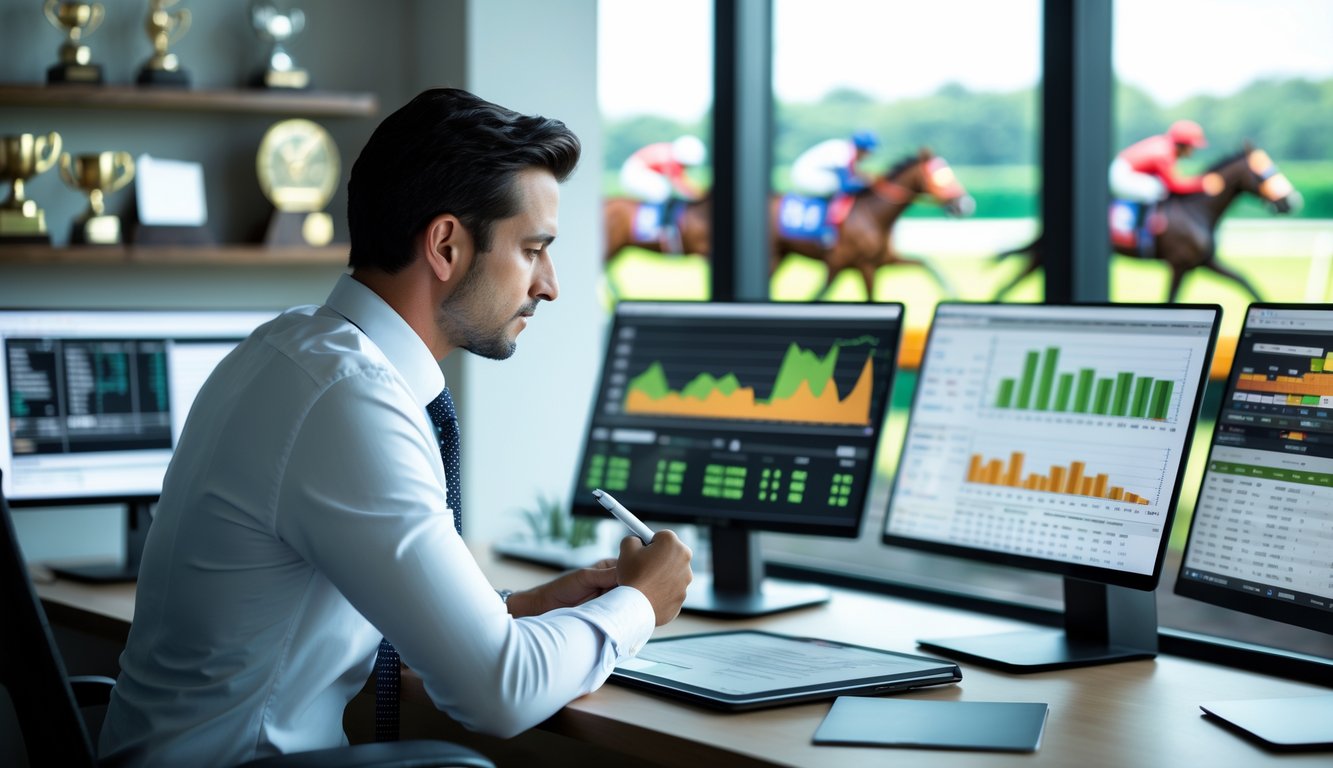 Seseorang sedang mengamati data dan statistik balap kuda di depan layar komputer dengan latar belakang balapan kuda.