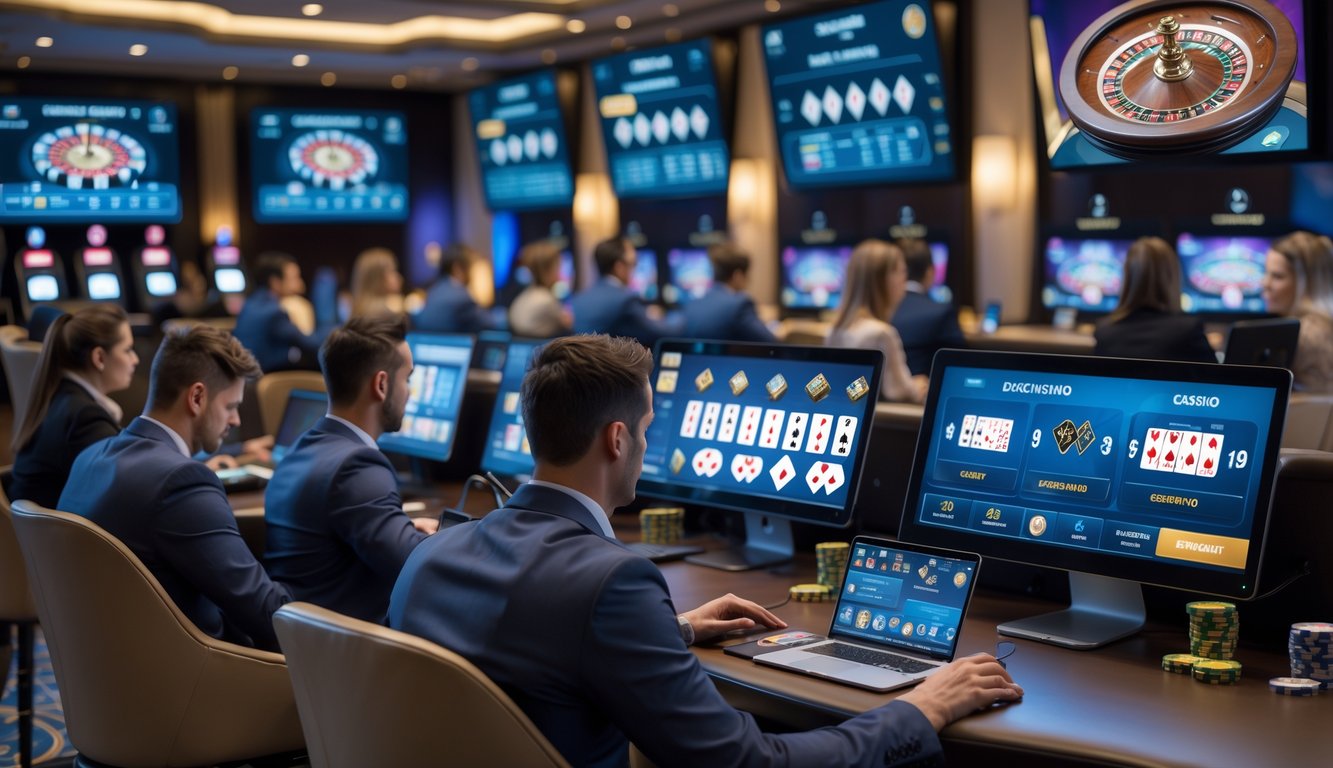 Beberapa pemain fokus bermain permainan kasino online dengan layar komputer dan ponsel yang menampilkan dealer langsung dan meja permainan.